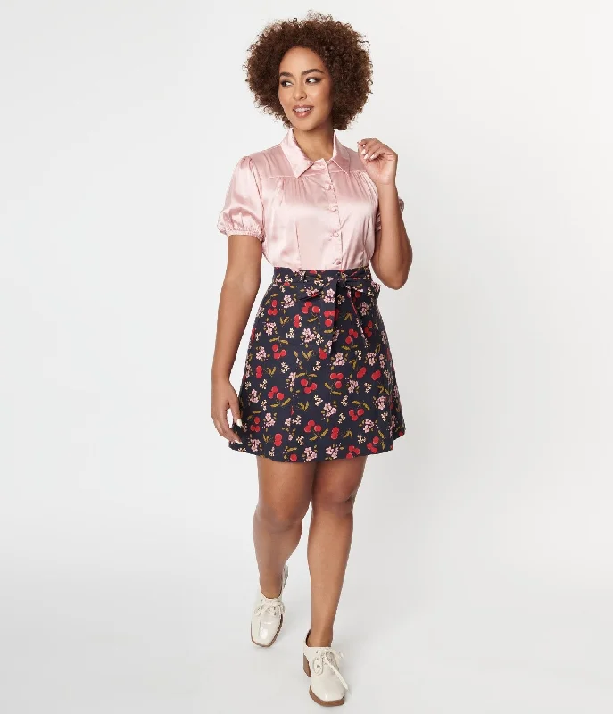 Navy & French Cherry Print Mini Skirt