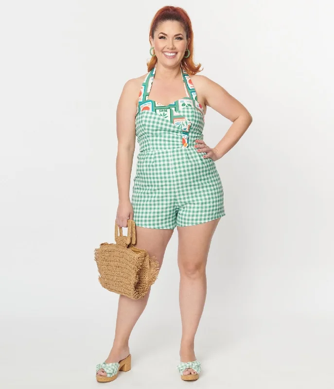 Unique Vintage Green & White Vegetable Gingham Romper