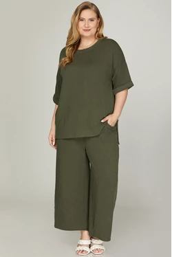 Wide Leg Knit Crop Pants - Olive - EX