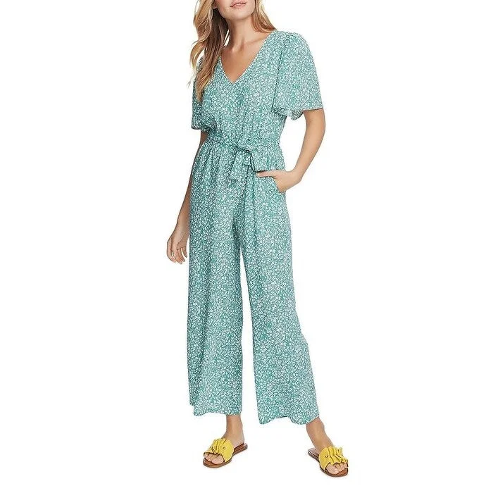 1.STATE Women's Flutter-Sleeve Tie-Belted Jumpsuit Green Size Medium