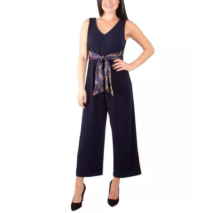 NY Collection Women's Printed-Tie-Belt Jumpsuit Navy Size Petite Small - Petite Small