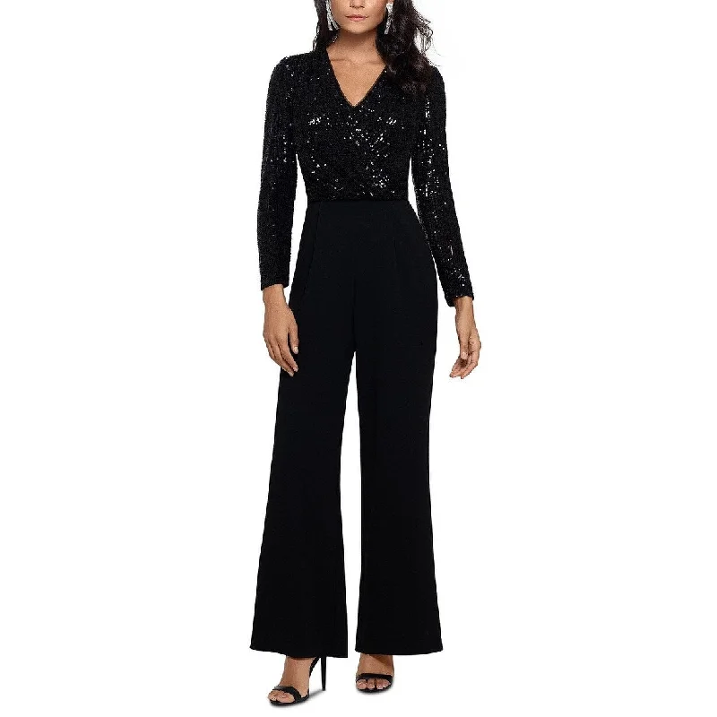 Xscape Women's Sequin Long Sleeve Crepe Jumpsuit Black Size 14